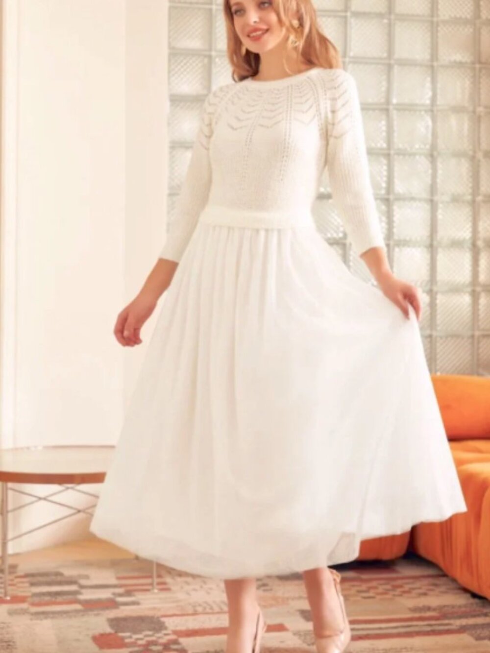 Modcloth Cream White Sweater Midi Dress Long Sleeve Tulle Skirt